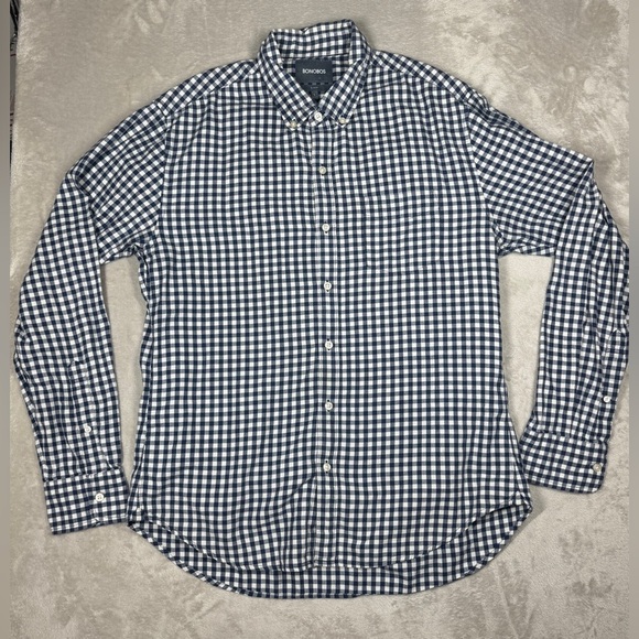 Bonobos Men’s Slim Fit Navy Blue White Gingham Plaid Button Front Shirt Large - Picture 1 of 15